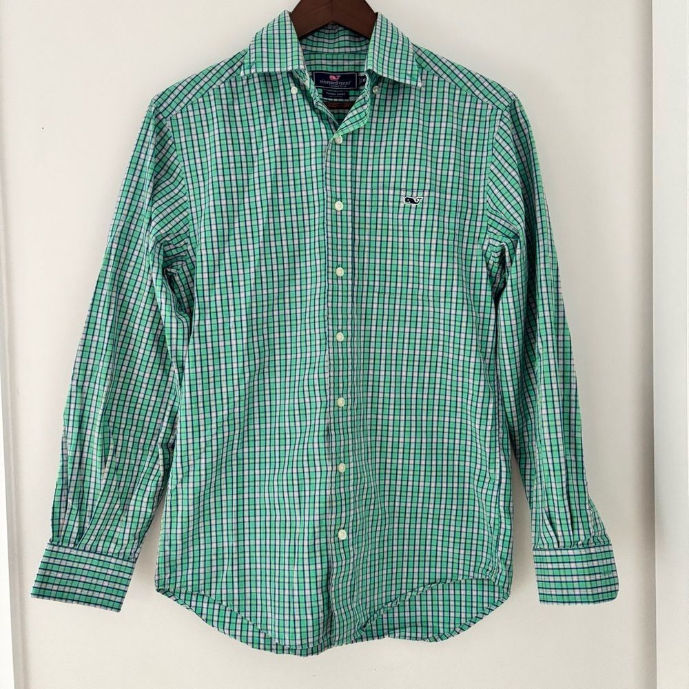 Vineyard Vines Tucker Shirt XS Green Blue Plaid Button Down Whale Logo